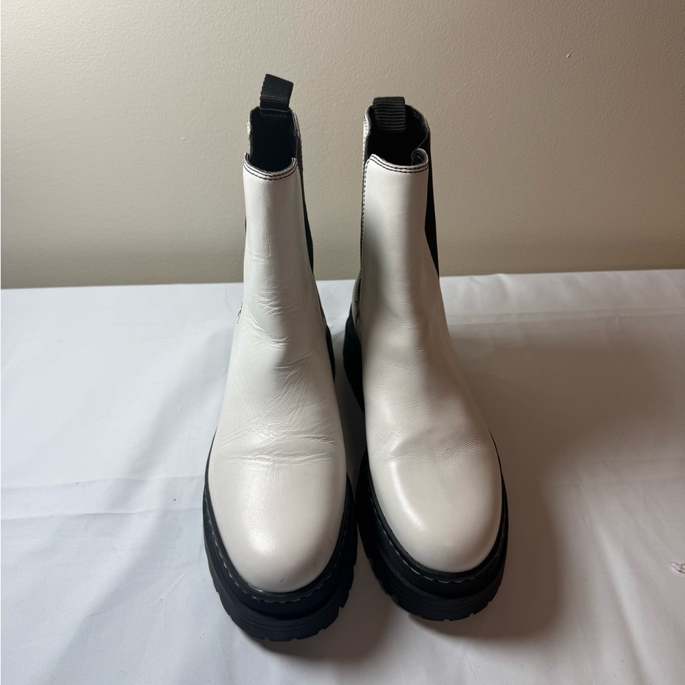 Marc Fisher White Leather Chelsea Boots with Black Lug Sole